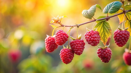 Ripe raspberries on branch in autumn garden