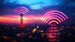 © Sumet - Two telecommunications towers emit colorful signal waves against a vibrant sunset backdrop, showcasing modern connectivity and technology.
