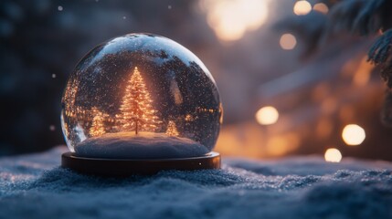 Wall Mural - a snow globe with a glowing christmas tree inside sits on a snowy surface. the background is blurred