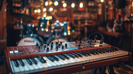 Fototapete - Live music instruments, key board, guitar and drums in a bar setting.