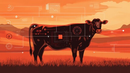 The concept of livestock health monitoring with wearable tech in earth brown and vivid red colors