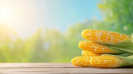 Fresh corn on a wooden table with a sunny background