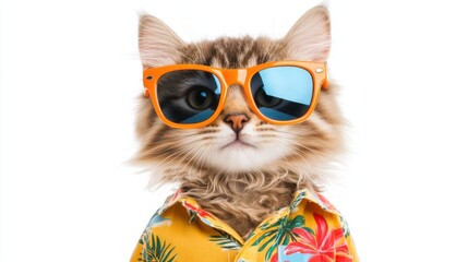  A stylish cat wearing sunglasses and a tropical shirt, posing confidently on a white background. Playful and funny animal.