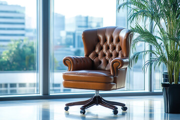 Canvas Print - Luxurious Leather Executive Chair with Skyline View in Corporate Office  