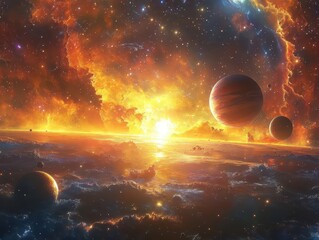 Wall Mural - astounding universe scene filled with vibrant planets, shimmering stars, and swirling galaxies, showcasing the vast beauty and mystery of outer space exploration in a colorful cosmic landscape