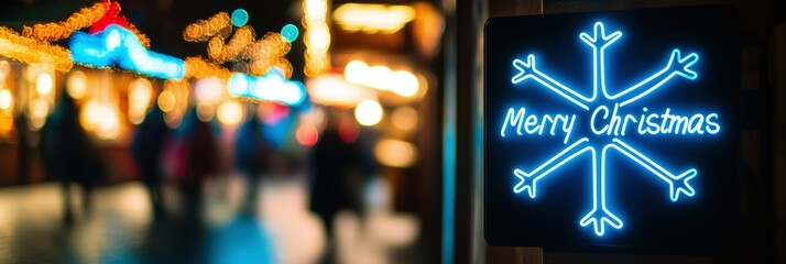 Merry Christmas blue led neon sign in the shape of a snowflake in a Christmas market by night in the city street. Panoramic Photography (3:1)