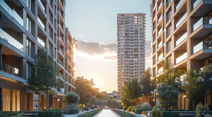 Leinwandbilder - A ground-floor commercial gallery, contemporary building towers, a boulevard, and green spaces at the entrance of the buildings.