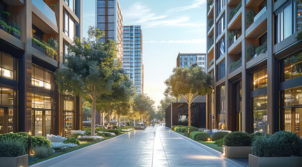 Poster - A ground-floor commercial gallery, contemporary building towers, a boulevard, and green spaces at the entrance of the buildings.