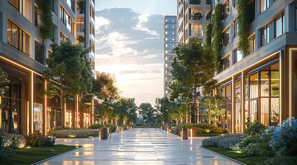 Leinwandbilder - A ground-floor commercial gallery, contemporary building towers, a boulevard, and green spaces at the entrance of the buildings.