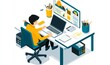 © Q STOCK - simple Isometric infographic of a businesspersonsitting at a desk, working with laptop and marketing materials.
