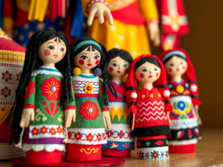 Wall Mural - A group of dolls with different colored clothing and accessories. The dolls are arranged in a row, with some standing upright and others sitting on a surface. The dolls appear to be of different sizes