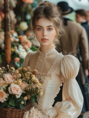 Sticker - A young woman in a light Victorian dress is walking through the market, holding baskets of flowers. Her look radiates grace, and her hair is styled in an elegant updo.