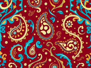 Wall Mural - A red and blue paisley patterned fabric. The paisley pattern is very intricate and colorful