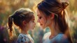 © Tcukimay - A mother and daughter looking at each other lovingly, standing side by side in a field of flowers, bathed in the golden light of the setting sun.