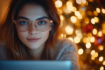 Excited young business woman in modern office on Christmas day created with ai generative