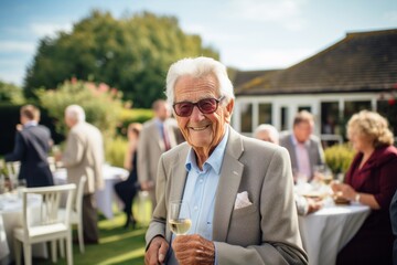 Elderly man with a glass of champagne at a wedding party