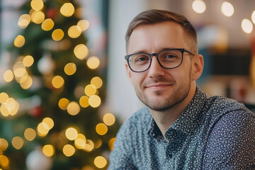 Ai generated image of young handsome man worker at corporate party new year celebration