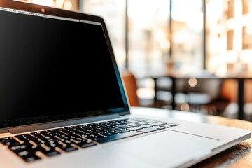 Wall Mural - Laptop with blank screen on a wooden table in a cafe with blurred background.