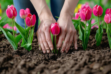 Wall Mural - Gardener hands work in the soil growing and collecting flowers generative AI image