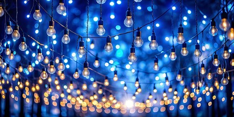 a string of incandescent light bulbs illuminate the twilight with a warm glow, creating a mesmerizin