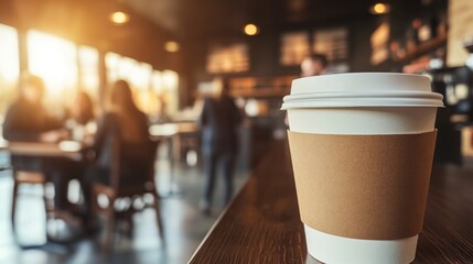 Sticker - A coffee cup sits on a table in a bustling caf?, capturing a moment of leisure and socializing.