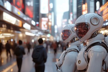 Two advanced robots interact on a crowded futuristic street, illustrating the coexistence and collaboration of intelligent machines within urban human environments.