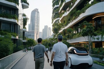 In a lush, green urban environment, two men stroll past futuristic architecture and a smart car, reflecting a sustainable and technological urban lifestyle.