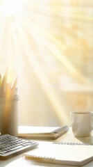 Canvas Print - A sunlit workspace featuring a cup, notebook, pens, and a calculator.