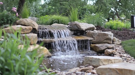 Wall Mural - A small waterfall cascades over rocks in a serene garden setting.