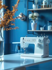 White modern sewing machine on the table against the background of a blue premium office interior.