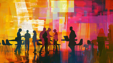 A dynamic abstract background with silhouettes of business people sitting around a table