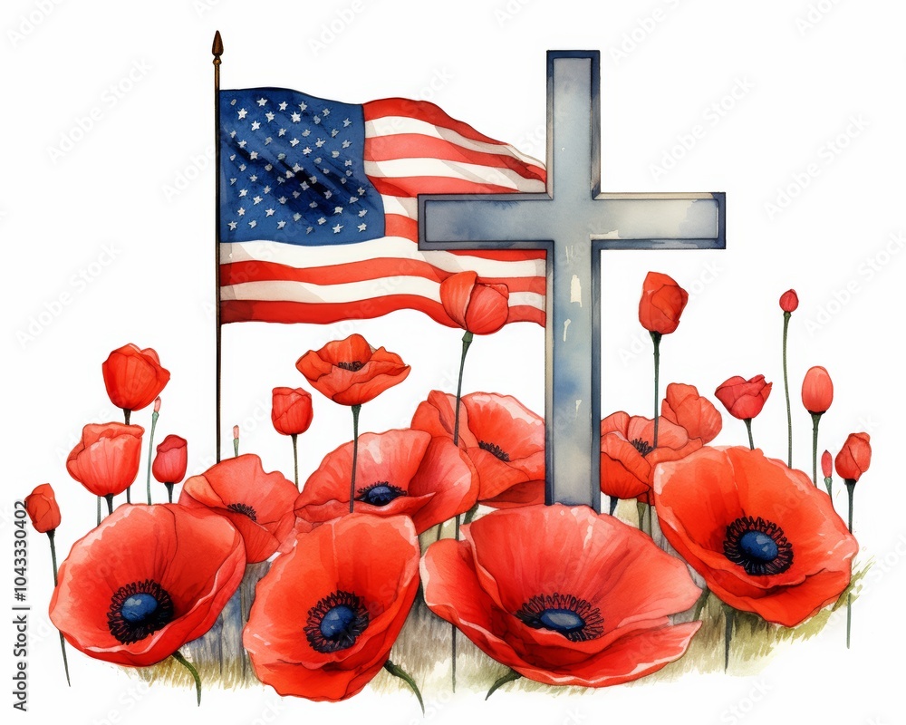 A tribute featuring a cross, red poppies, and the American flag ...