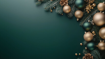 Wall Mural - beautiful green christmas background with a border of fir branches, golden christmas toys, stars and