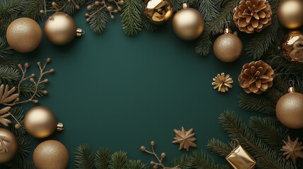 Wall Mural - gold christmas tree decoration and baubles on green background. flat lay, top view. merry christmas 
