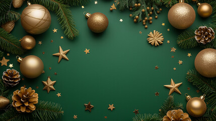 Wall Mural - gold christmas tree decoration and baubles on green background. flat lay, top view. merry christmas 