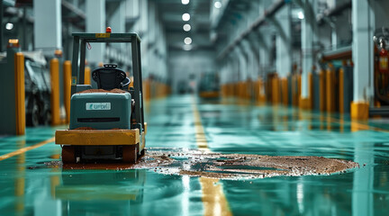 Poster - Liquor factory environment, AGV cart, brown dirt on the AGV cart, green matte polyurethane floor.