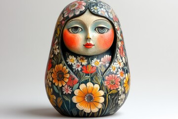 Wall Mural - Russian nesting doll covered with colorful flower pattern posing on white background