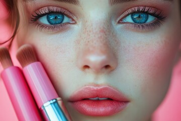 Wall Mural - Beautiful woman with freckles posing with makeup brushes