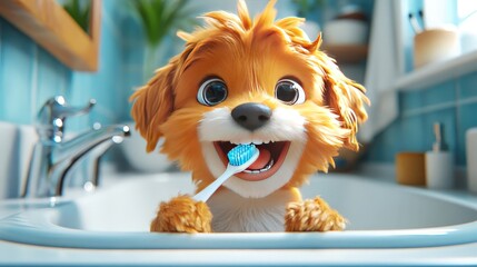 A playful puppy happily brushes its teeth at home in the bathroom