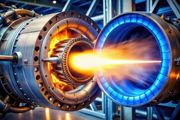 A blue and white image of a jet engine with a futuristic design