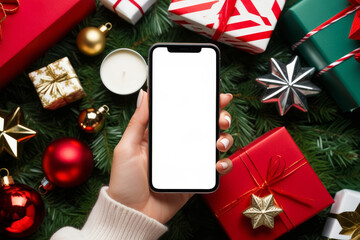 Hand holding smartphone with empty screen against emerald background with Christmas decoration.Christmas phone mock up. Space for text. Christmas advertising, smartphone app template. AI