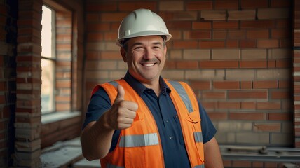 The skilled bricklayer, wearing a hard hat and safety vest, gave a confident thumbs up, showcasing his good and professional work in construction, symbolizing quality craftsmanship and dedication.