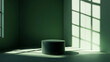 © Cavad - A dark green, cylindrical podium stands in a green room. The only light comes from a window, casting a shadow. This simple, minimal scene is perfect for showcasing a product.