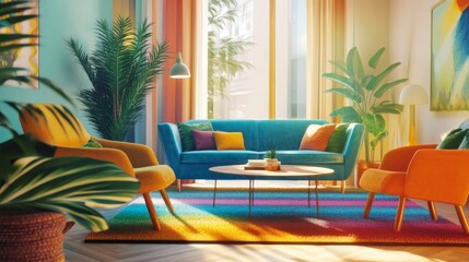 Vibrant Living Room: Sunlit haven of color and style. A cozy living room bathed in warm light, featuring a teal sofa, vibrant rug, and lush greenery.