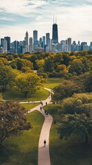 People walking in chicago's millennium park with the skyline in the background