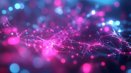 Wall Mural - abstract digital network visualization with glowing pink and blue nodes interconnected by light stra