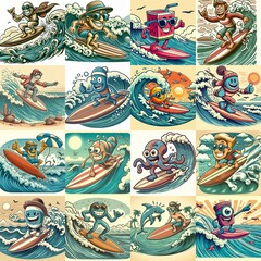 Cartoon surf on waves. AI generated illustration