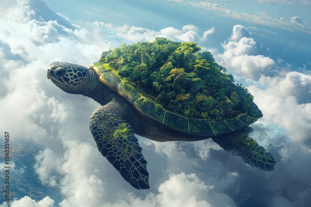 Giant turtle carrying a lush forest on its back swimming through the ...
