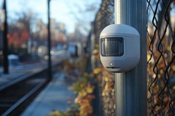 A close-up shot of a motion sensor mounted on a tall pole, with a security fence prominently featured in the background