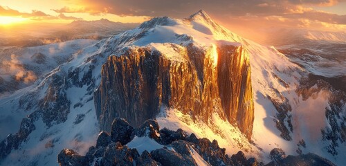 Wall Mural - A dramatic view of a snow-covered mountain peak at sunrise, with golden light illuminating the rocky cliffs. The surrounding landscape is blanketed in fresh snow, creating a breathtaking sight.